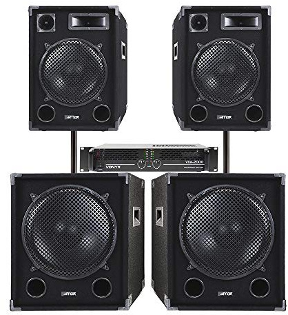 MAX SPVXA-2000 12 Passive PA System with DJ Speakers, Subwoofers and Stereo Amplifier, Professional Passive DJ Speakers Kit, PA Speakers and Amp for Live Events & Performances