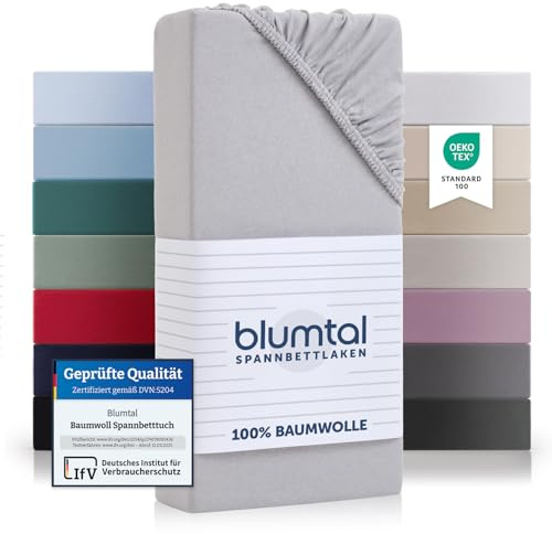 Blumtal Basics set med 1 jersey påslakan 200 x 200 bomull - Oeko-Tex certifierad - 100% bomull 135 gsm - madrasshöjd upp till 25 cm - mjuk - månsken grå - grå