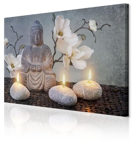 decomonkey Wandbilder Buddha Grau 90x60 cm 1 Teilig Leinwandbilder Wanddeko | Strukturleinwand, Holzkeilrahmen, Bild auf Leinwand, Kunstdruck, Wohnzimmer, Wanddekoration, Blumen, Stein, Feuer