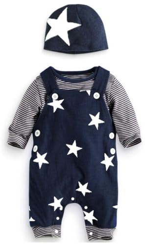 SFreeBo Infant Baby Boys Clothing Sets Newborn Baby Cotton Romper Outfits Suit Toddler Kids Clothes 3pcs Long Sleeves T-shirt Star Pattern Dungarees Hat 0-18 Months
