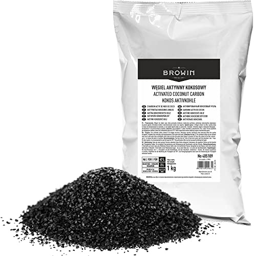 Browin 405109 kokosaktivt kol 1 kg, för 47 L, korn 1,0–3,6 mm, adsorptionsaktivitet > 60%, för rengöring, korrigering av smak och lukt av vatten och alkoholer.
