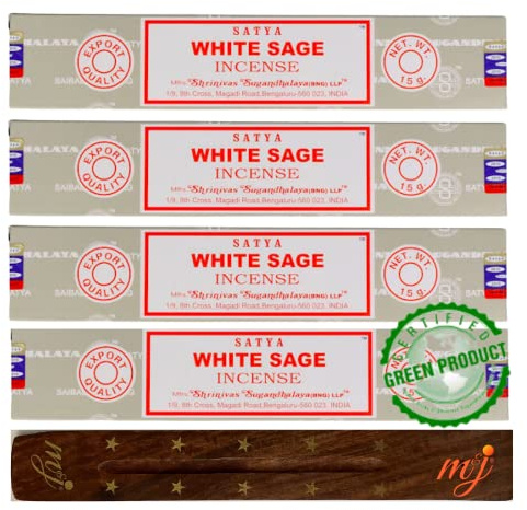 Original Satya Nag Champa Räucherstäbchen, weißer Salbei, mit M&J Räucherstäbchenhalter, für Aromatherapie, Spa, Yoga, Hochzeiten, Meditation, Heilung, Positivität und Entspannung, 4 Stück