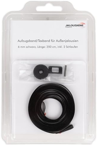 Reparatur-Set für Außenjalousien – Aufzugsband 6 × 0,33 mm (Schwarz 350cm) inkl. Texbandhalter & Endgummi – UV-beständig & wetterfest – Ersatzband für Jalousie & Raffstore – kompatibel mit Warema