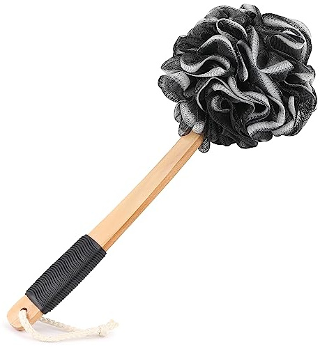 Black Loofah on a Stick PE Soft Mesh Luffa with Non-Slip Wooden Handle Made of Soft and Sturdy Rubber Material Back Scrubber for Shower for Women and Men with String for Easy Hanging