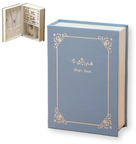 Cyrank Joyero De Viaje, Caja Organizadora De Joyas De Libro Falso, Soporte De Exhibición De Almacenamiento De Joyería Portátil Para Pendientes, Anillos, Collares, Pulseras(Blue)
