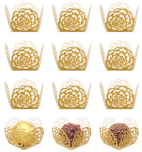 jojofuny 50 Piezas De Papel De Envoltorios De Trufas con DiseñO Hueco para DecoracióN De Bodas Y Fiestas Tazas De Dulces En Color Dorado Ideal para Postres Y Snacks
