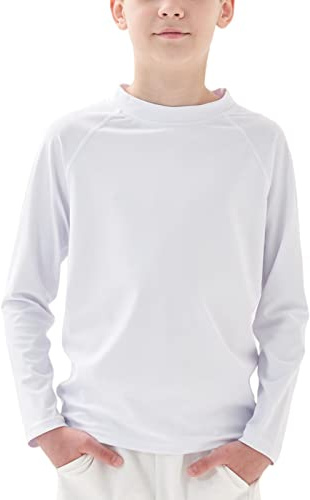 Boys Rash Vest Long Sleeve UPF 50+ Kids Sun Protection Swimwear Quick Dry Rash Guard White, 10-12 Years
