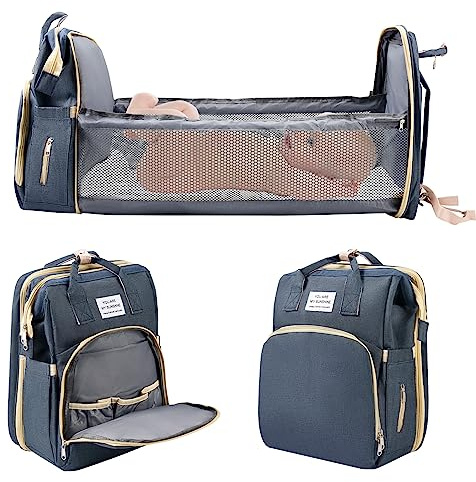 Jalann Baby Changing Bag, Nappy Changing Bag with Foldable Cot Bed, Large Capacity Baby Bags with Changing Mat for Mum, Waterproof Portable Diaper Backpack, Stroller Straps for Travel (Dark Blue)