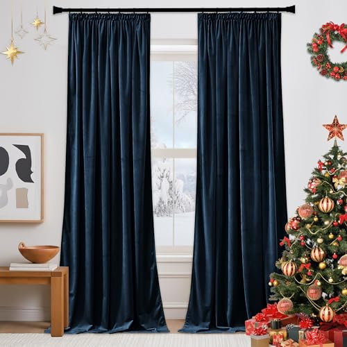 PONY DANCE Navy Blue Velvet Blackout Pencil Pleat Curtains - Thermal Insulated Luxury Drapes with Rod Pocket for Living Room & Bedroom, 52x90 Inches, 2 Panels