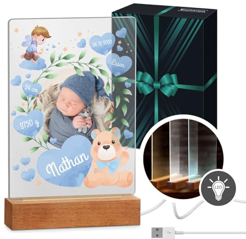 Maverton beleuchteter LED-Fotoaufsteller mit eigenem Foto - personalisiertes Acryl Glasbild mit LED-Beleuchtung auf dem Holzständer für Mädchen und Jungen - Größe: 15x24x4,5cm - Geburtschein