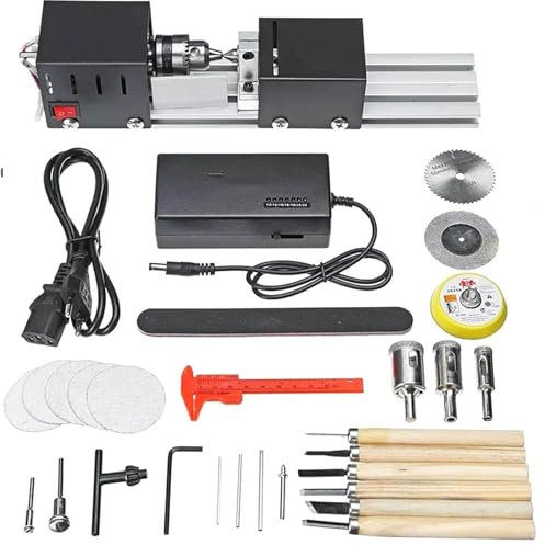 Mini Tour à polir Les Perles, 100 W CNC pour Le Travail du Bois, Outil de Bricolage, Tours d'établi, Ensemble Standard, 7 Niveaux de Vitesse avec Adaptateur Secteur (Noir)