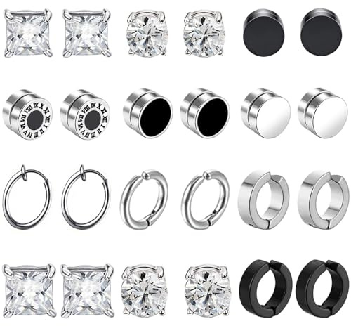 12 Pares Pendientes Magnéticos de Acero Inoxidable Imán Hombre Pendientes Clip Hombre Sin Agujero Pendiente Falsos CZ Magnet Mujer Aro Pendientes Set Negro Plata
