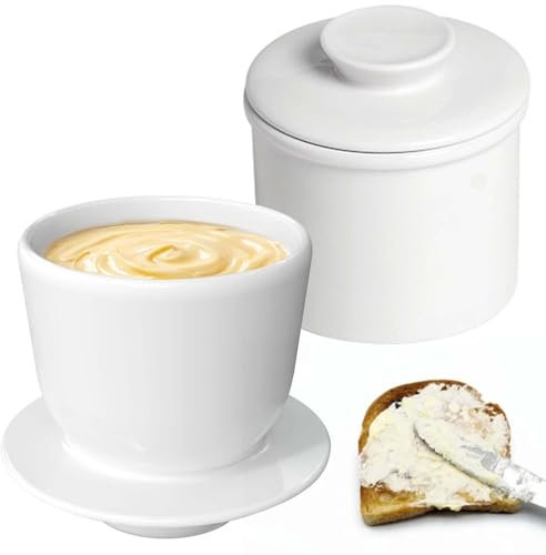 Burriera francese, in ceramica con coperchio rotondo, raffreddato ad acqua con linea di galleggiamento, campana per burro in ceramica, per burro spalmabile, colore bianco