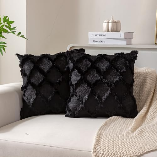 Ci & Ci 2er Set Boho Deko Kissenbezug 45x45 cm, Schwarz Kissen Sofakissen Dekokissen Zierkissen, Flauschig Kissenbezüge Kissenhülle für Sofa Couch