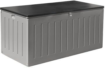 Garden Store Direct 830L/220 Gallon MASSIVE Capacity Outdoor Garden Storage Box Plastic Shed - Weatherproof & Sit On with Wood Effect Chest (830 Litre, Anthracite)…