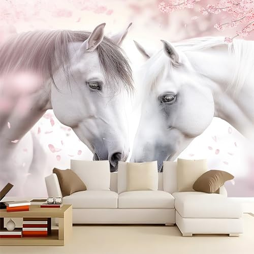 Tapete Fototapete Tierisches Weißes Pferd, 250 x 175 cm Vlies Tapeten Moderne Wandtapete Wohnzimmer Schlafzimmer Rosa Tapete ideal für Küche und verschiedene Räume