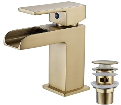 Luckyhome Robinet mitigeur cascade doré avec bonde de vidage pour salle de bain en laiton chromé
