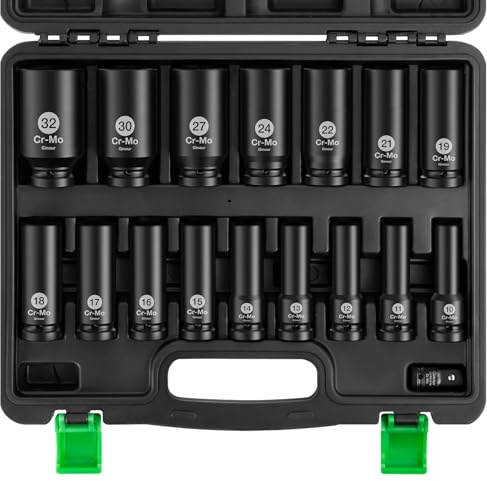 Ginour Set Chiavi a Bussola a Impatto 1/2 Cr-Mo, 17 Pezzi 10-32mm Profonde per Avvitatore a Impulsi, 6 Punti per Meccanica Auto, Kit Professionale con Valigetta e Prolunghe
