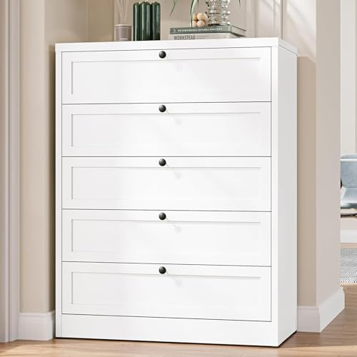 Letaya Tall White Dresser for Bedroom, 5 Drawer Metal Closet Dressers Chests, Modern Storage Organizer Unit, Large Storage Space Drawer Storage Cabinet for Bedroom, Entryway, Hallway