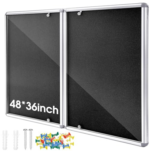 Motipuns 48x36 Lockable Enclosed Bulletin Board with Glass Door, Weather Resistant Cork Notice Board, Wall Mounted Display Case for School Office Community Outdoor, 12xA4(Black, Silver Frame)