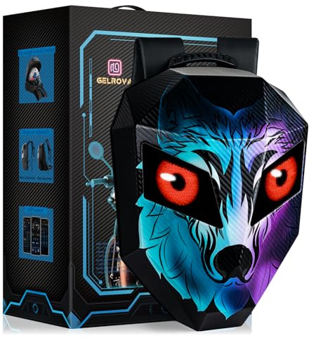 Gelrova LED Backpack Wolf Face, Hard Shell, Helmet Storage, Programmable Screen with Eye-Themed GIFs, Ideal for Motorcycle Riders, 19inch