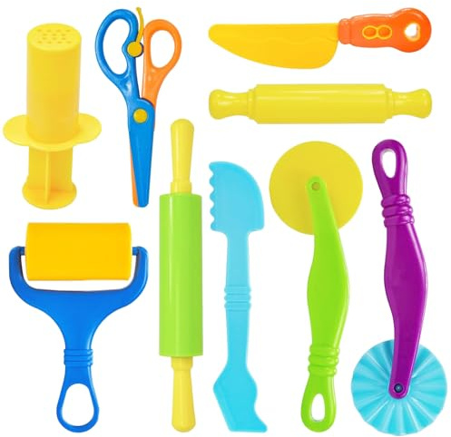 Playdough Tool Set, 9 Pcs Play Dough Tools Sets for Kids, Basic Play Dough Tools Starter Set for Kids Playdough Accessories Includes Cutters Roller, Rolling Pins, Safety Scissors, Plastic Knife