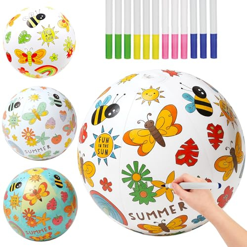 DIY Design Your Own Beach Balls (3 Pack) -16 Inflatable Beach Balls with 12 Waterproof Markers, Kids Art Supplies for Summer Crafts, Pool Party Favors, Creative STEM Activity for Ages 3+