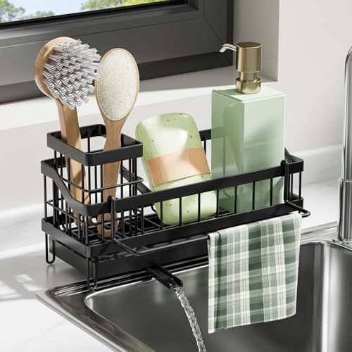 Tel Charme * Kitchen Sink Caddy, Sink Tidy Organiser with Self Draining Tray and Sponge Holder, Kitchen Storage & Organisation Organiser with Dishcloth Hanger, Washing up Utensil Caddy for Countertop