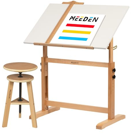 MEEDEN White Drafting Table & Stool set: 35.5 x 23.5 Beech Wood Height Adjustable Art Desk with Pencil Ledge and Ruler - Large Tilting Drawing Tables for Adult Artist Painting Studio Artwork