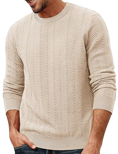Herren Feinstrick Pullover Langarm Modern Regular Fit Wollpullover mit Rundhals Strickpullover Aprikose, M