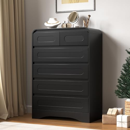 Tall Dressers for Bedroom, 6 Drawers Dresser & Chest of Drawers with Pre-Installed Slides&Curved Profile Design, Modern Closet Storage Wood Dressers Organizer for Living Room Hallway, Black