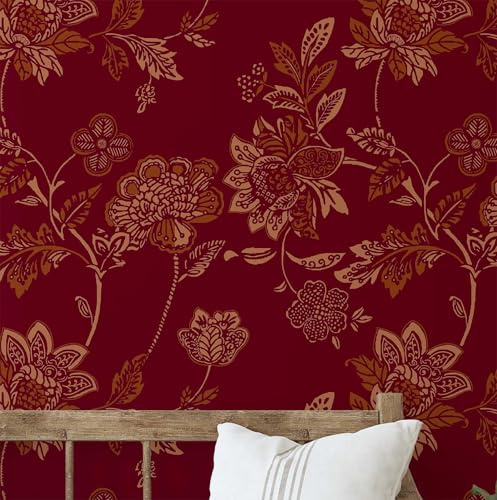 S4Sassy Papier peint floral vintage- Revêtement bordeaux,63,5 x 609 cm, vinyle texturé autocollant, revêtement facile à réaliser soi-même pour chambre, salon et armoires de style campagnard