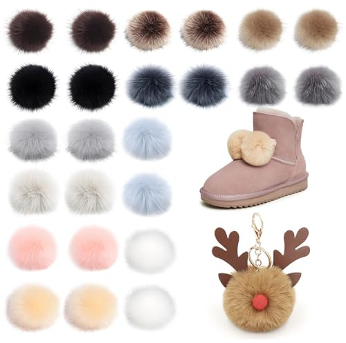 Set mit 24 Bommel für Mütze 8 cm Fellbommel für Mützen zum Mütze mit Bommel | Verzieren von Pullovern Handtaschen Mützenbommel Schlüsselanhängern und Vielem Mehr /12 Farben Fellbommel DIY Valentinstag