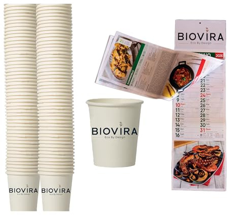 Biovira - 100 vasos de papel de 240 ml desechables biodegradables, calendario gastronómico 2026, ideales para agua y bebidas calientes y frías, alternativa ecológica a los vasos de plástico