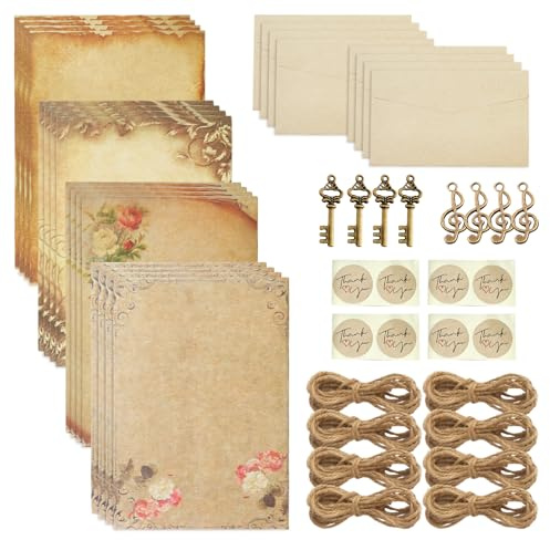 PLUSHCEWT Vintage Kraft Letter Writing Set of 4, with 16 Sheets Letter Paper, 8 Envelopes, 8 Stickers, 8m Hemp Rope & Charms for Love Letters, Weddings, Birthdays, Gifts