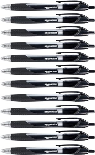 Amazon Basics Stylos rétractables à encre gel, pointe fine, Noir, Lot de 12