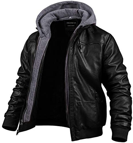 CREATMO US Men's Faux Leather Jacket Vintage Motorcycle Jacket Classic Biker Jacket Black L