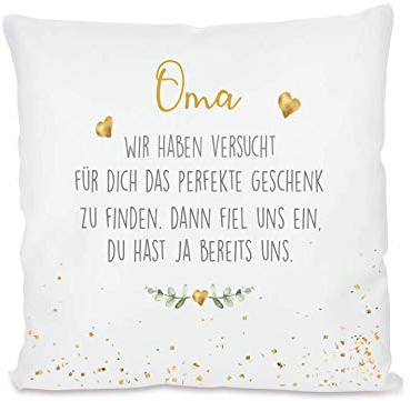 Manufaktur Liebevoll I Kissen „Oma, wir haben versucht ... I Geschenk für die Großmutter, Omi I Besondere Geschenkidee als Dankeschön, zum Geburtstag und zu Weihnachten I 40x40 cm