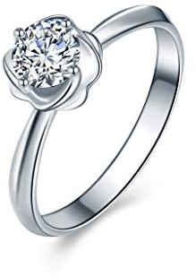 KnBoB Weissgold 18K Ring für Damen Solitär Blume Weiß Runde 0.2CT Diamant Eheringe Hochzeitsringe Gr 68 (21.6)