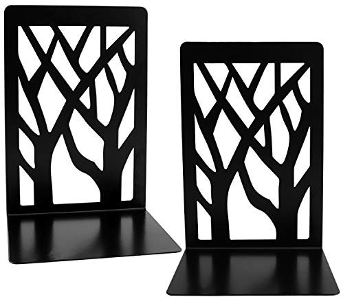 I-WILL Book Ends for Shelves Heavy Duty Metal Desk Bookends Decorative Tree Unique Design Book Stopper Supports Non Skid Bookshelf Holder Stand for Kids Children Adults in Office and School - Black