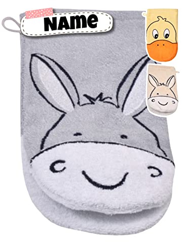 Baby Waschhandschuh personalisiert | Waschlappen Kinder mit Namen bestickt | 100% Baumwolle | Frottee | Baby Geschenke (Esel Hellgrau)