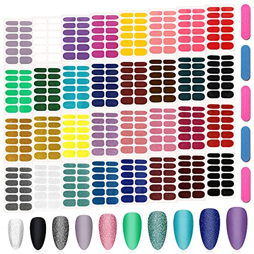 384 Stück Full Wraps Nagelaufkleber, Kalolary 32 Blatt Solide Glitzerfarbe Nagelfolien Selbstklebende Nagelabziehbilder Aufkleben Nagelstreifen mit 5 Feilen für Frauen Mädchen DIY Nail Art Dekoration