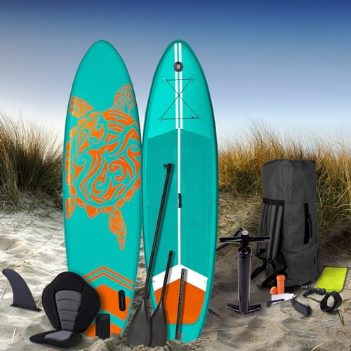 BRAST® SUP Board Turtle | Aufblasbares Stand up Paddle Set | 320x81x15cm | 4 Designs | 5 Jahre Garantie | inkl. Sonderzubehör | 2in1 Paddel Kajak-Sitz Action-Cam-Halterung Fußschlaufe | Türkis