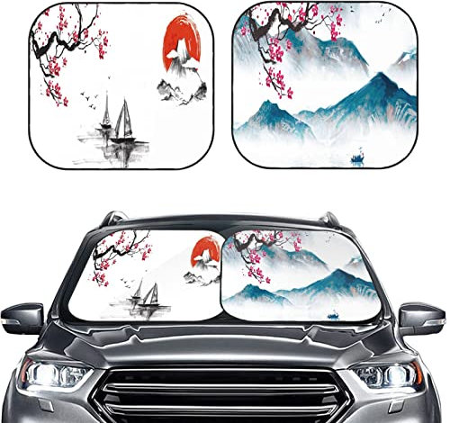 Auto Zubehör Sonnenschutz 2-teilig 74x60cm mit Aufbewahrungstasche Auto Scheibenabdeckung Sommer Sonnenschutz Auto Frontscheibe Faltbar Motiv Japanische Stil Tuschemalerei Art Auto Sonnenschutz