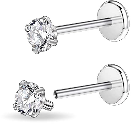 PunkTracker 16 g/18 g kirurgiskt stål intern tråd CZ stud piercing smycken för tragus/näsa/helix/snäcka/medusa/läpp/labret – helix tragus broskörhänge för kvinnor män 2 st, 16g, 8mm bar, 5mm gem,