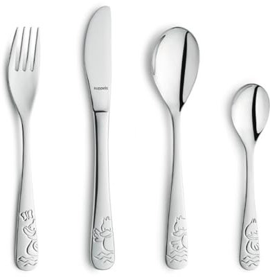 Kuppels Kinderbesteck Set Duck 4-teilig | Neue Auflage | Kindermesser, Kindergabel, Esslöffel, Teelöffel | Edelstahl rostfrei & Hochglanzpoliert | Spülmaschinenfest | Geprägtes Kinder Besteckset