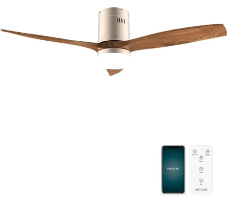 Cecotec - Ventilateur de Plafond avec Lumière EnergySilence Aero 5600 Aqua GoldDarkWood Connected - 40 W, 6 Vitesses, Diamètre 132 cm, LED de 18 W, 3 Pales, Minuterie, Mode Été/Hiver
