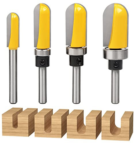 Exqutoo 4Pcs 1/4 Shank Carbide Round Nose Groove Router Bit Set Template Router planing Head Set with Ball Bearing Engraving Router planing Head Wood Cutter Woodworking Tools Carving Cutting Tool