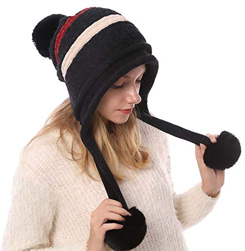 Kangqifen Damen Winter Gestreifte Fleece Gefüttert Warme Strickmütze Bommelmütz Gestrickte Mütze mit Ohrenklappen 3 Pompon