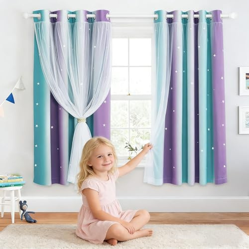 NICETOWN Star Ombre Rainbow Blackout Curtains for Kid Girls Bedroom Living Room Decor Darkening Grommet Stripe Gradient Window Curtain for Sliding Glass Door (Teal Purple, 70 W x 63 L, 1 Panel)